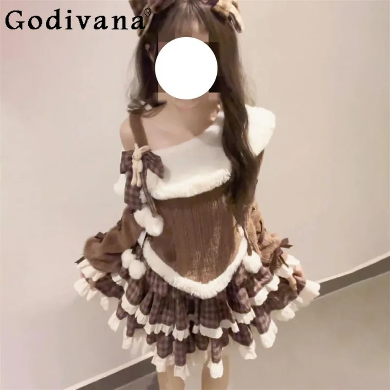 

Autumn Winter Sweet Girls Set for Women Knitted Top and Cute Cake Short Skirt Two Piece Suit Female Japanese Lolita Outfits