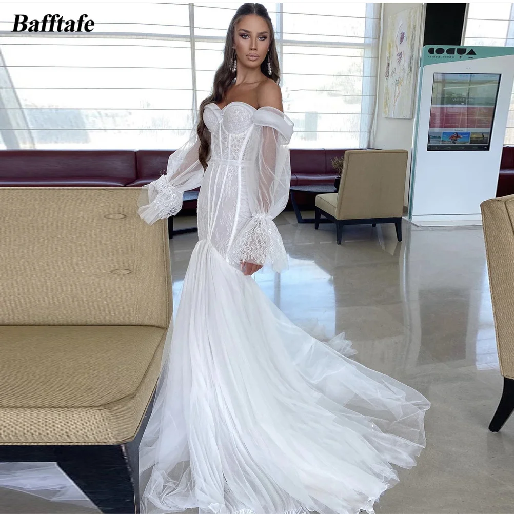 

Bafftafe Puff Long Sleeves Mermaid Wedding Dresses Soft Tulle Sweetheart Boning Bridal Gowns Long Bride Dress Vestido de noiva