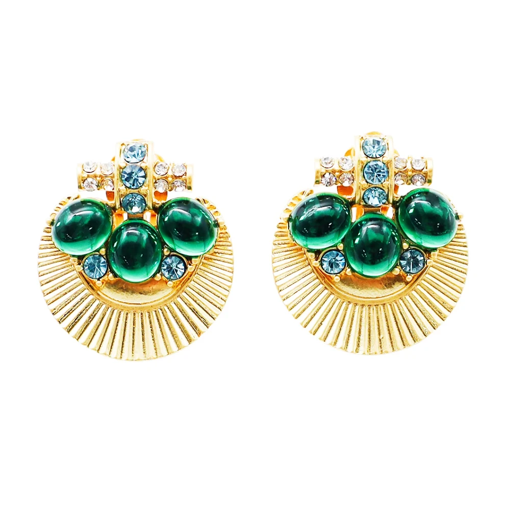 

Korean Style Crossing Shape Studs Circular Fan-Shaped Gold Color Green Artificial Zircon