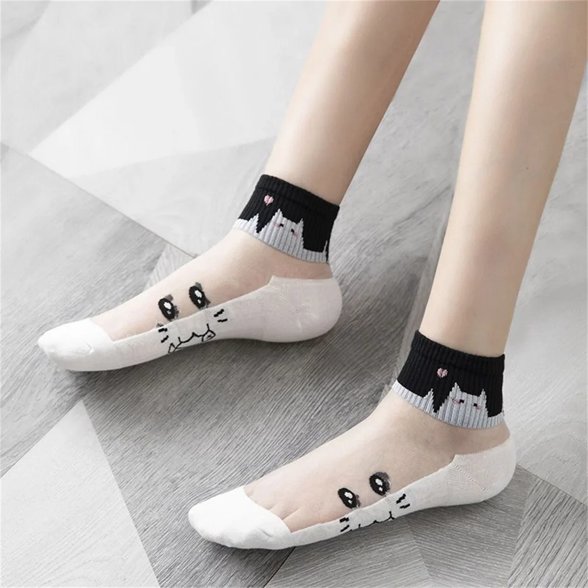 5Pairs Summer Socks Black White Cat Glass Silk Breathable Female Short Socks Simple Cute Footwear image 5