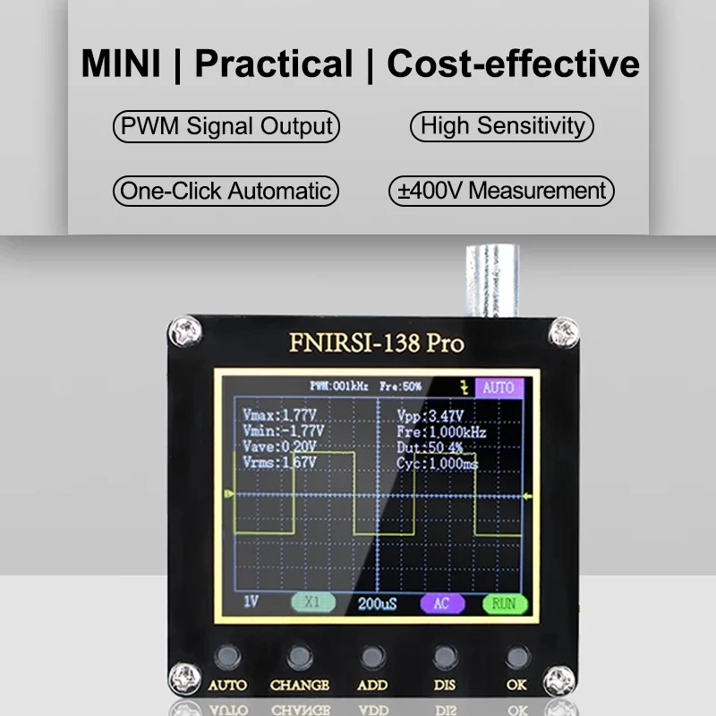 FNIRSI 138 PRO digitální AUTO osciloskop přenosné mini mala 2.5msa/s 200khz analogová bandwidth 80khz pwm a firmwaru aktualizovat