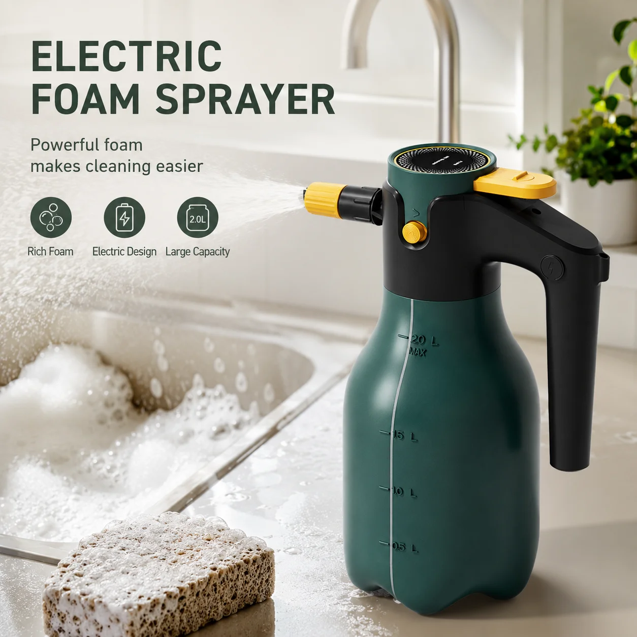 Upgraded 2L Electric Foam Spray Bottle with 60° Adjustable High Pressure Cannon for Car Wash Vehicle Home Garden Cleaning