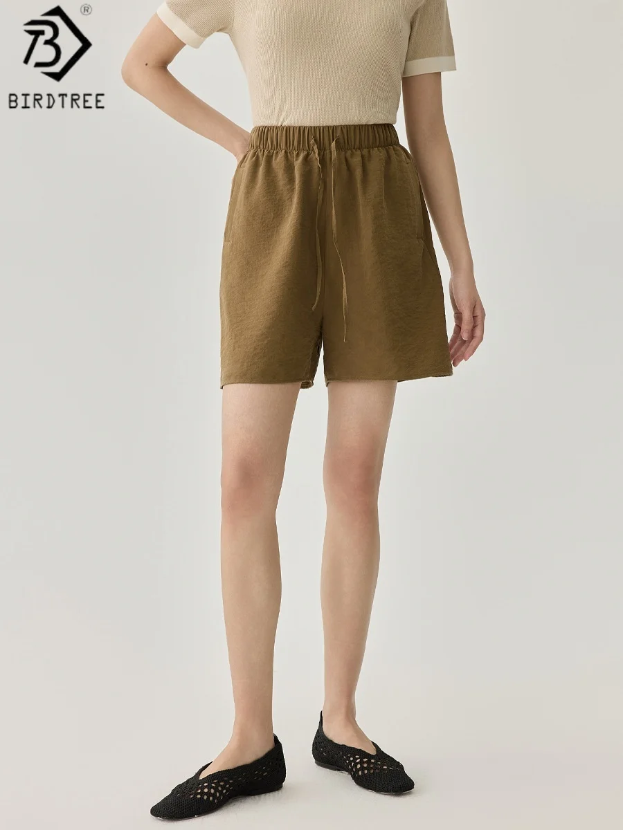 Birdtree, 80% Real Silk 20% Nylon Solid Shorts, Women's Elastic Waist Drawstring Casual Shorts, 2025 Spring Autumn New P62327JF