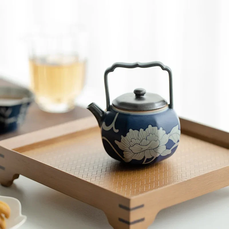 

125ML Pure Hand-painted Peony Art Ceramic Teapots Creative Suzi Octagonal Handle Pot Tea Maker Kettle With Filter Kung Fu Teaset