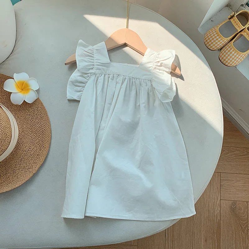 Vestido de verano de manga corta para niña, camiseta blanca con borde de volantes, algodón puro