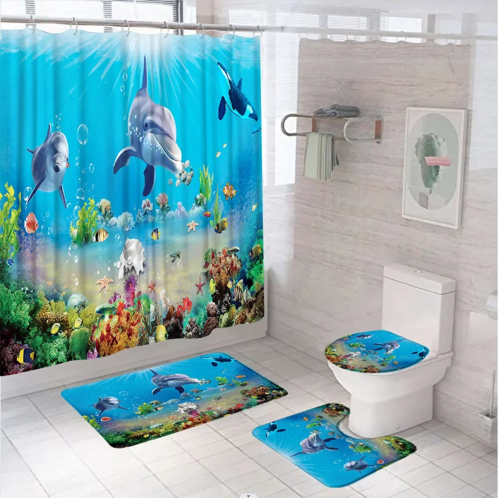 

Dolphin Shower Curtain Set with Toilet Cover, Bath Mat, Blue Ocean Sea World, Whale, Starfish, Fish Tub, Bathroom Set