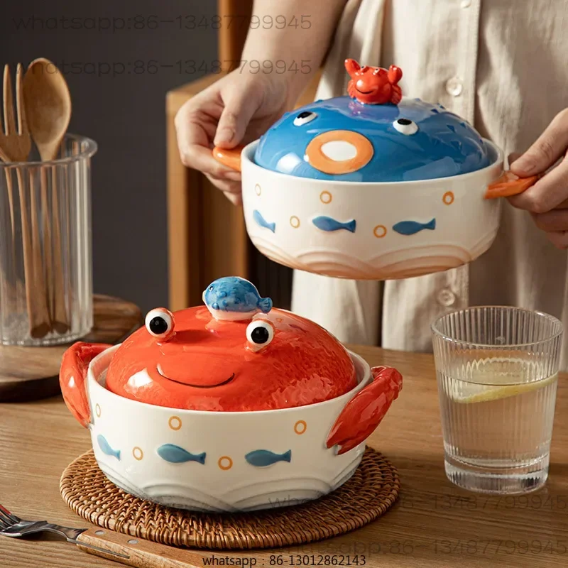 Large Capacity Household Binaural Soup Bowl with Lid Dormitory Mobile Phone Holder Instant Noodle Bowl