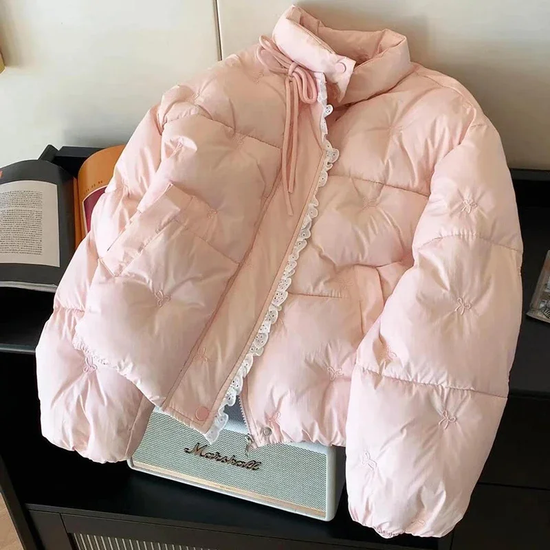 Sweet Bow Embroidery Parkas Women Winter Thick Kawaii Lace Patchwork Puffy Coats Preppy Stand Collar Bandage Cute Zipper Outwear