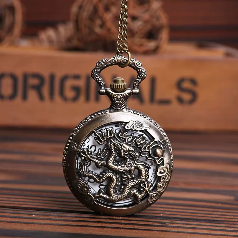 Bronze large fine chain shell surface hollow embossed fire dragon beads auspicious pattern inside white black flip clap pocket w
