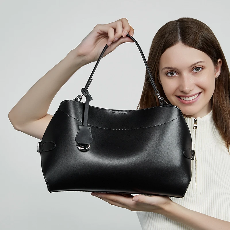 BURMINSA Genuine Leather Shoulder Bag For Women Cowhide Elegant Office Work Top Handle Handbags Classic Everyday Commuting Purse