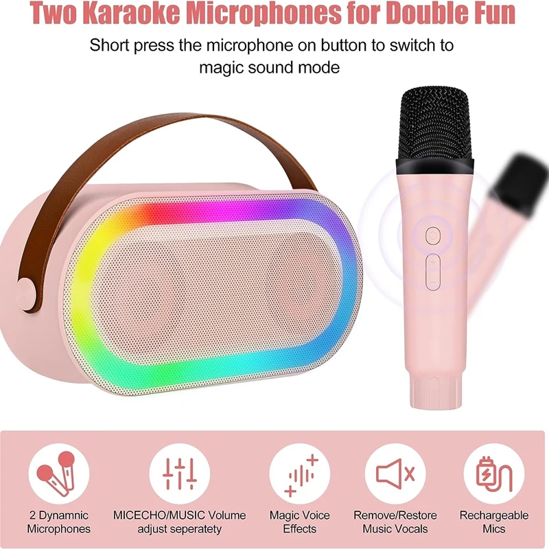 Mini máquina de karaoke, juego de altavoces Bluetooth portátiles con 2 micrófonos inalámbricos con luces LED (rosa) fácil de usar