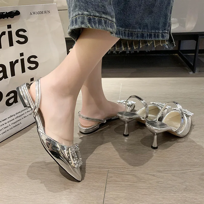 Elegant Thin High Heels Pumps for Women 2024 Spring Rhinestones Buckle Shallow Mouth Single Shoes Woman Pointed Toe Office Shoes