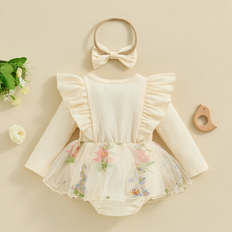 Toddler Baby Girl Fall Winter Outfit Set Floral Tull Romper Dress Ruffles Long Sleeve Clothes Jumpsuit with Bow Headband