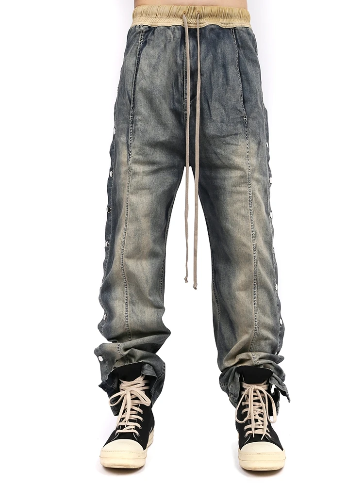 

High Quality Niche Designer Style Dark Breasted Jeans Loose Worn Looking Washed-out Straight-Leg Overalls Casual