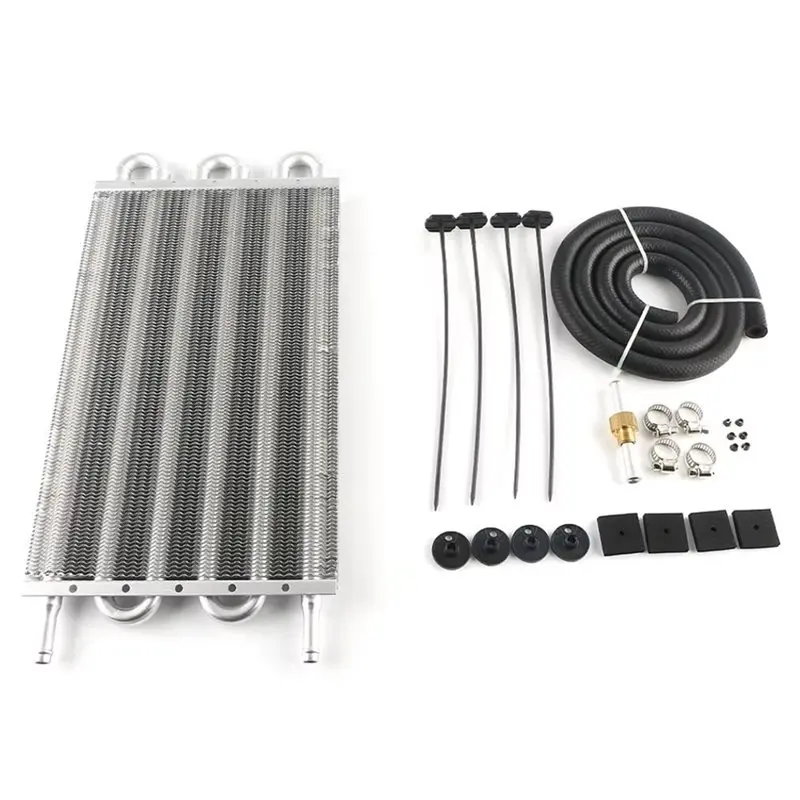 NEW HOT In Stock-Aluminum 6 Row Transmission Oil Cooler Kit Universal Engine Oil Radiator Converter With Hose Mounting