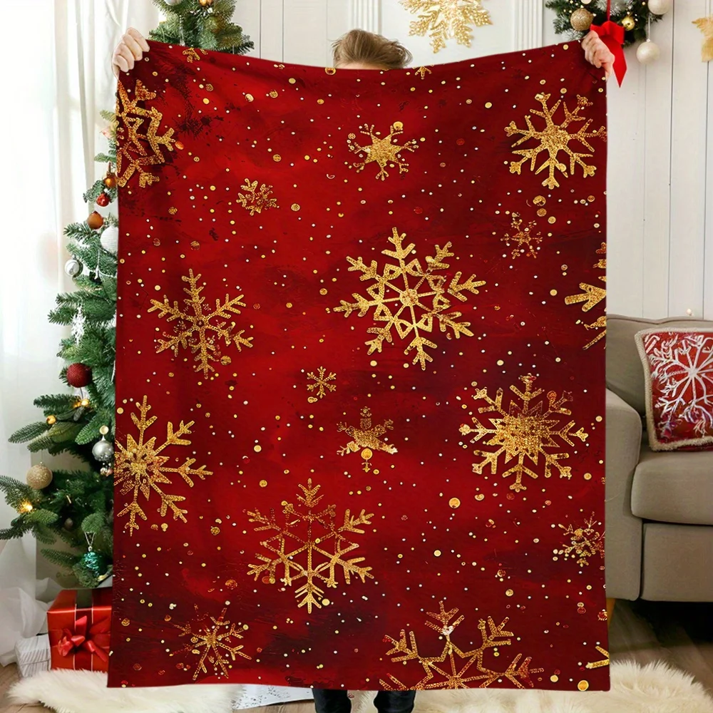Soft, Warm Flannel Cozy Vintage Christmas Blanket with Golden Snowflakes - Perfect for Naps, Camping, Travel & Home Decor - Idea