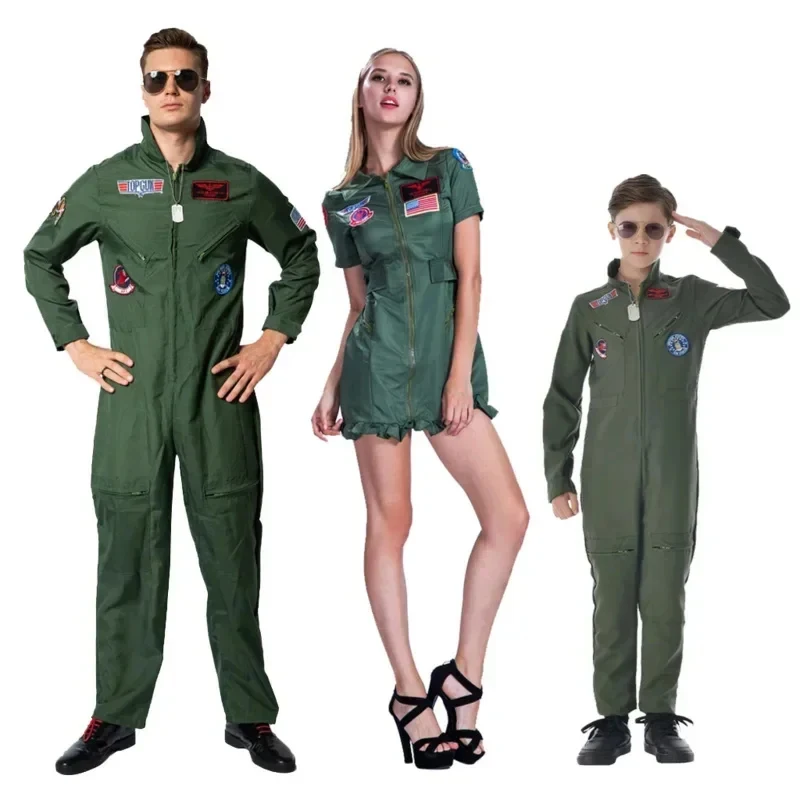❤ 2026 ❤ Disfraz de Piloto Militar Verde Ejército para Niños y Adultos, Uniforme de la Fuerza Aérea Americana, Cosplay de la Película Top Gun, Disfraces de Halloween para Hombres y Mujeres ❤