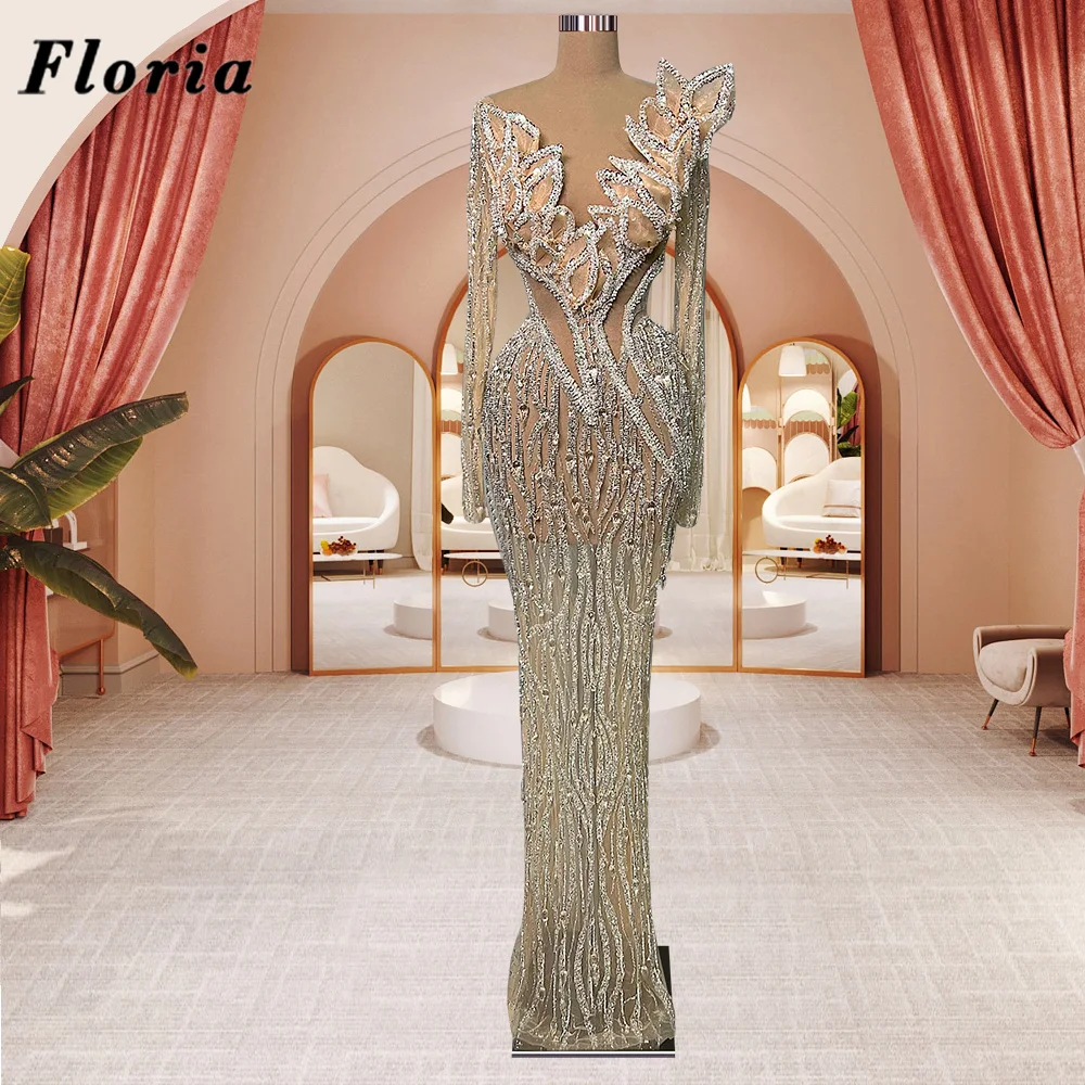 

Floria Arabic Dubai Beading Pearls Evening Dresses Vestido De Noche Women Customize Long Party Night Gowns Wedding Prom Dress