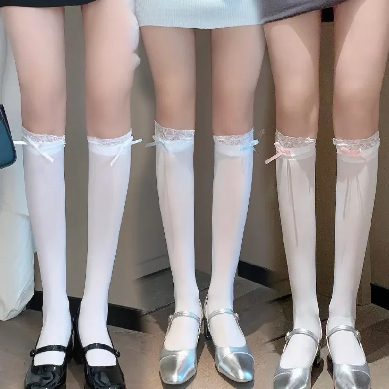 Y2K Woman Summer Thin Long Socks for Girls Solid Color Bowknot Lace Middle Tube JK Lolita Cute Socks Pink Blue Fishnet Stockings