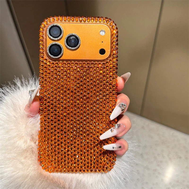 Luxuriöse, beliebte orangefarbene Glitzer-Strass-Bling-Handyhülle für iPhone 17 Pro Max Air 11 12 13 14 15 16 Pro Max. glänzende Rückseite
