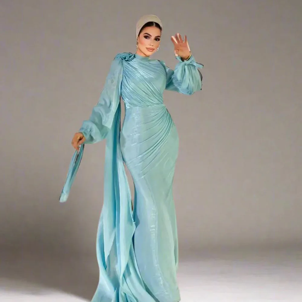 

Элегантные светло-голубые ближневосточные вечерние платья по индивидуальному заказу, мусульманское вечернее платье с высоким воротом и пышными рукавами для особых случаев