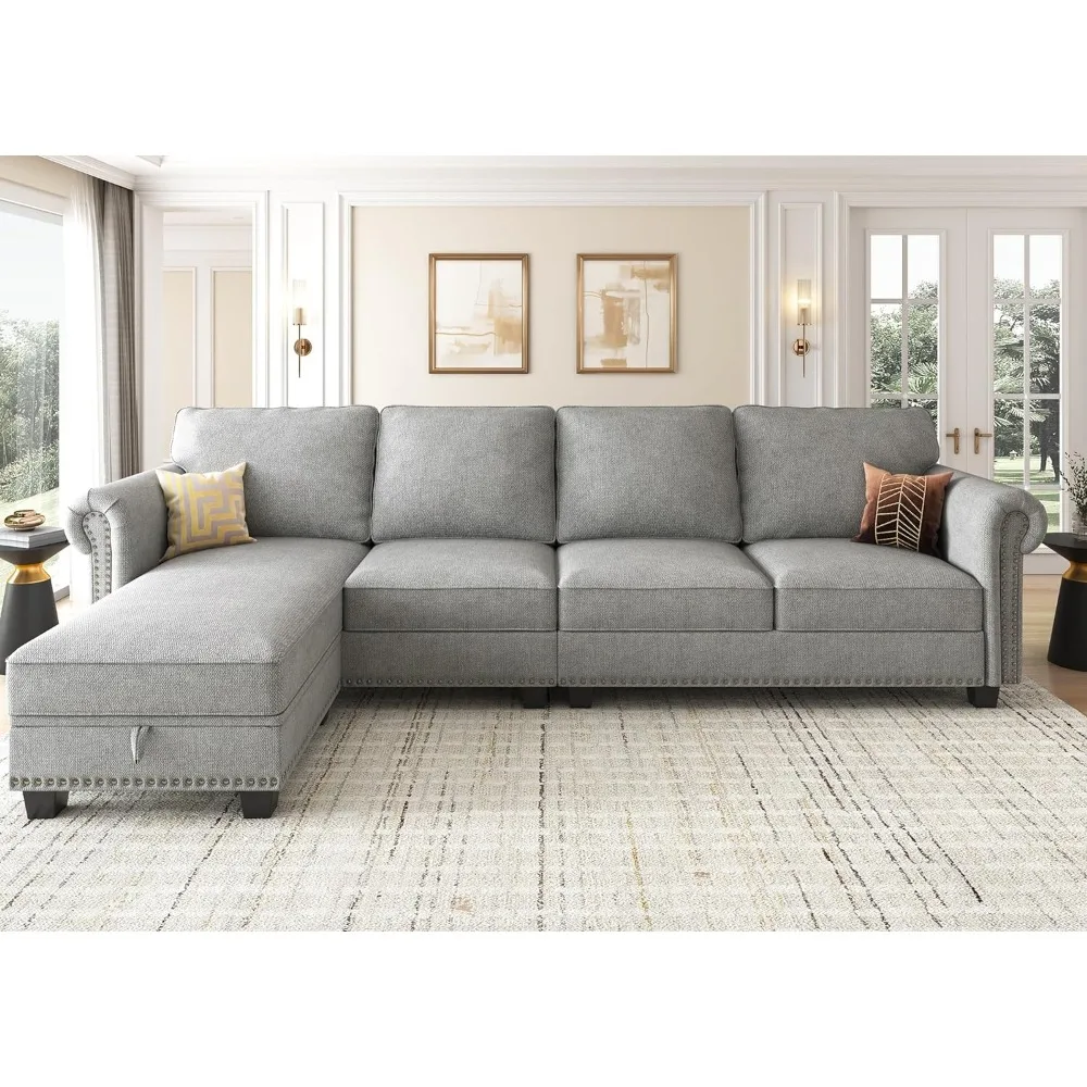 Convertible Sectional Sofa L Shape Couch with Reversible Chaise 4 Seat for Small Space ，sofa bed for living room，Light Grey