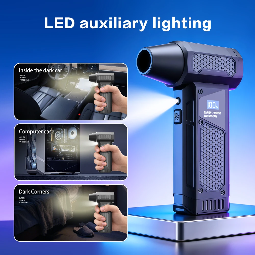 【2026 NewViolent Fan130000RPM Motor Tanpa Sikat Turbo Air Blower Untuk Pembersihan Mobil Dengan Lampu LED Layar Digital Portabel Luar Ruangan
