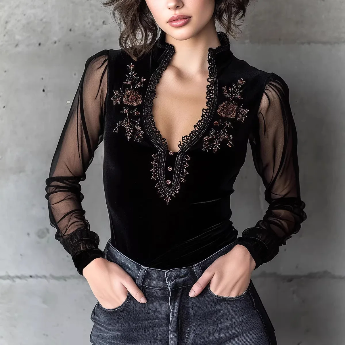 

Sophisticated Blouse Parisienne Vintage Lace Blouse Luxurious Velvet Patchwork Blouse Figure Flattering Romantic Shirt