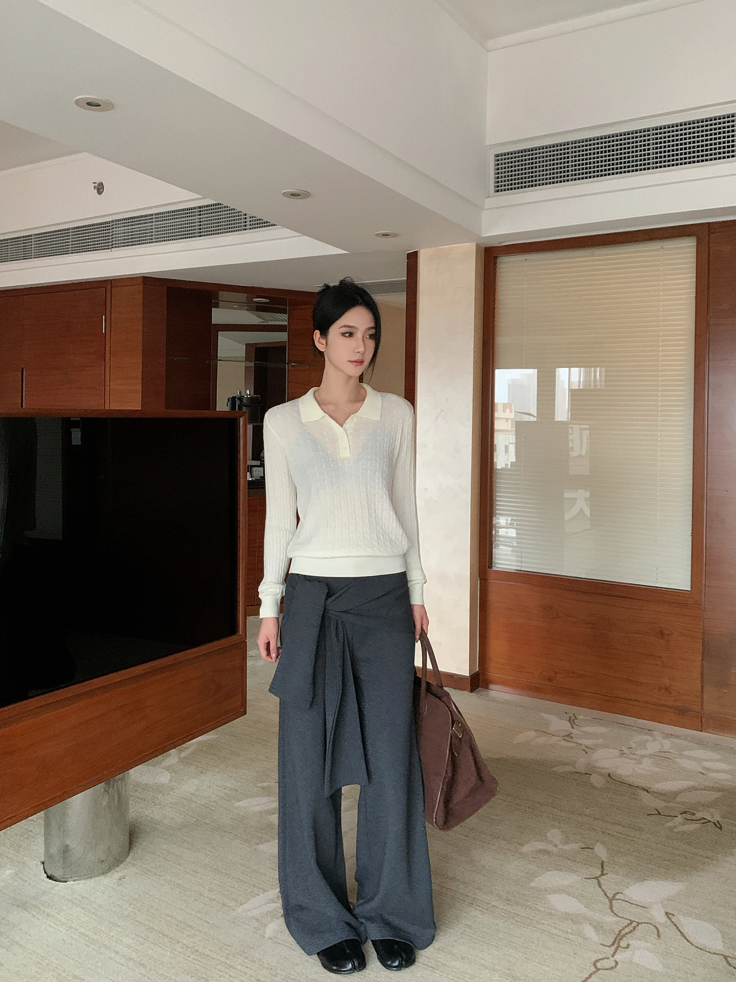 

SMBL RAIN ey Belt Decorated Knitted Casual Pants Air Layer Wide Leg Women's Spring New Low Waist Elastic Cotton Blend