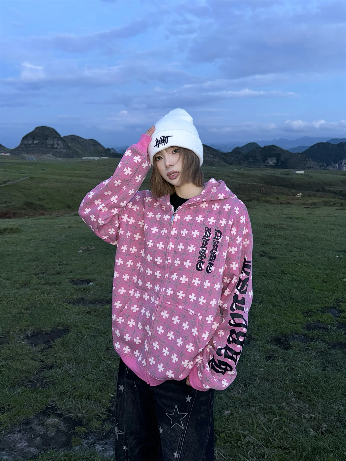 

JU403 American Retro Hoodie Sweatirt ex Loose Casual Zipper Jaet Trendy Cross Print Streetwear Long Sve Hooded