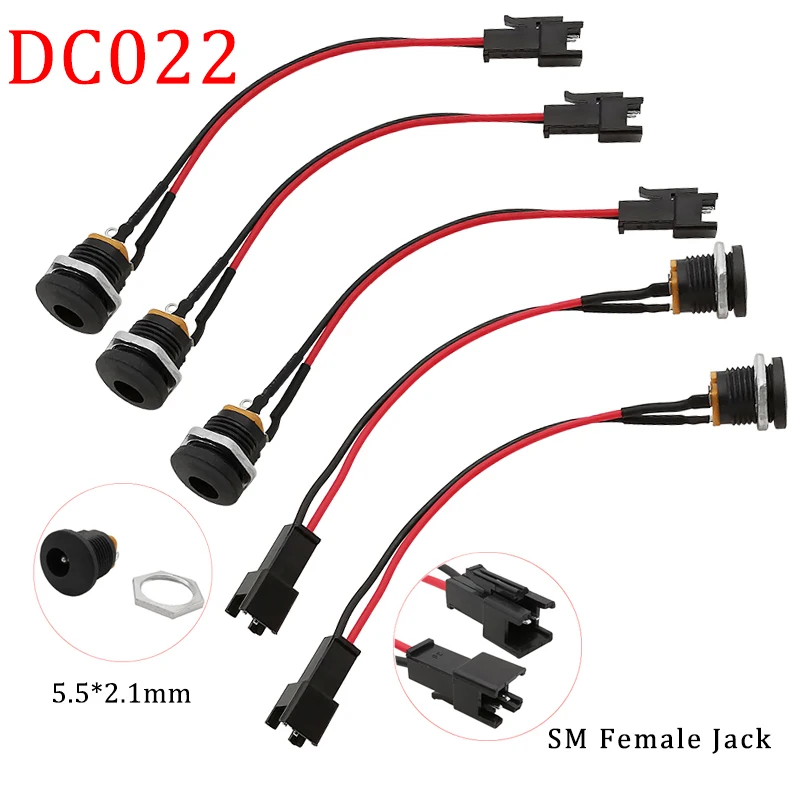 DC-022 5.5x2.1mm DC Power Female Socket Panel Mount To 2 Pin JST SM Male Plug Cable Connector DC Power Wire Connector 10/15/20CM