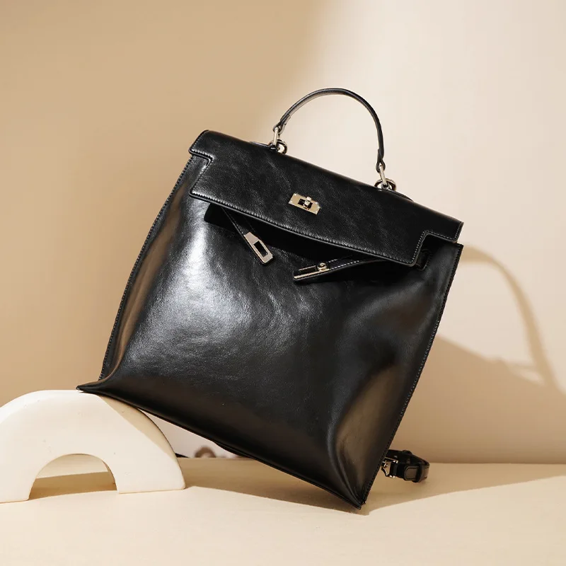 Сумка Женская, Backpack, Genuine Leather Black Large Flap Lock Daily Use 2026 New Minimalist