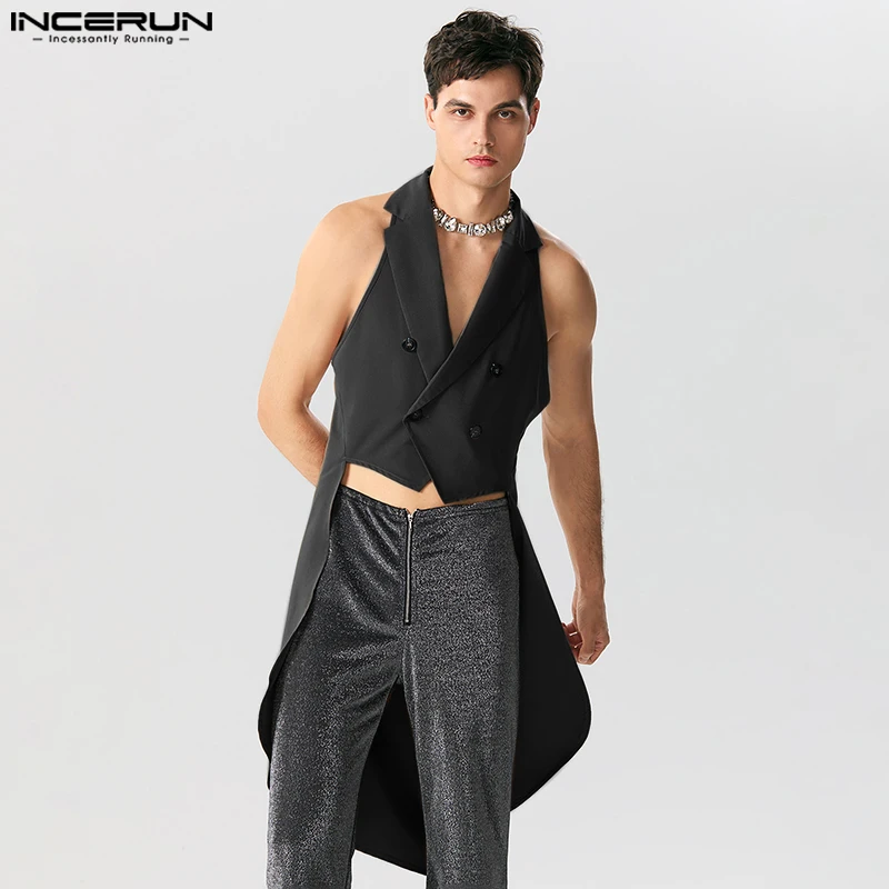 INCERUN 2023 Men Vests Solid Color Lapel Sleeve Double Breasted Irregular Blazer Vests Streetwear Fashion Casual Male Waistcoats