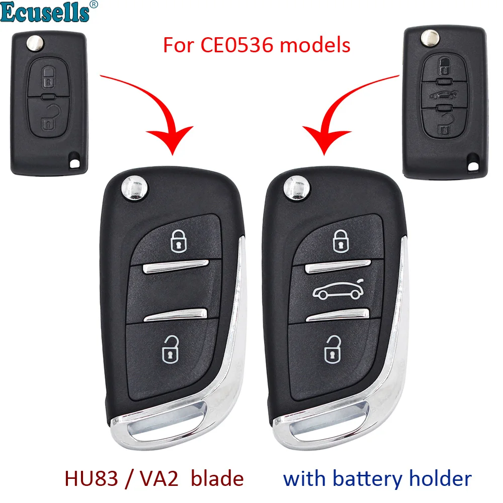 

2/3 Button Modified DS Style Flip Remote Key Shell Case for PEUGEOT 206 207 306 307 407 408 508 VA2/HU83 CE0536 Battery Holder