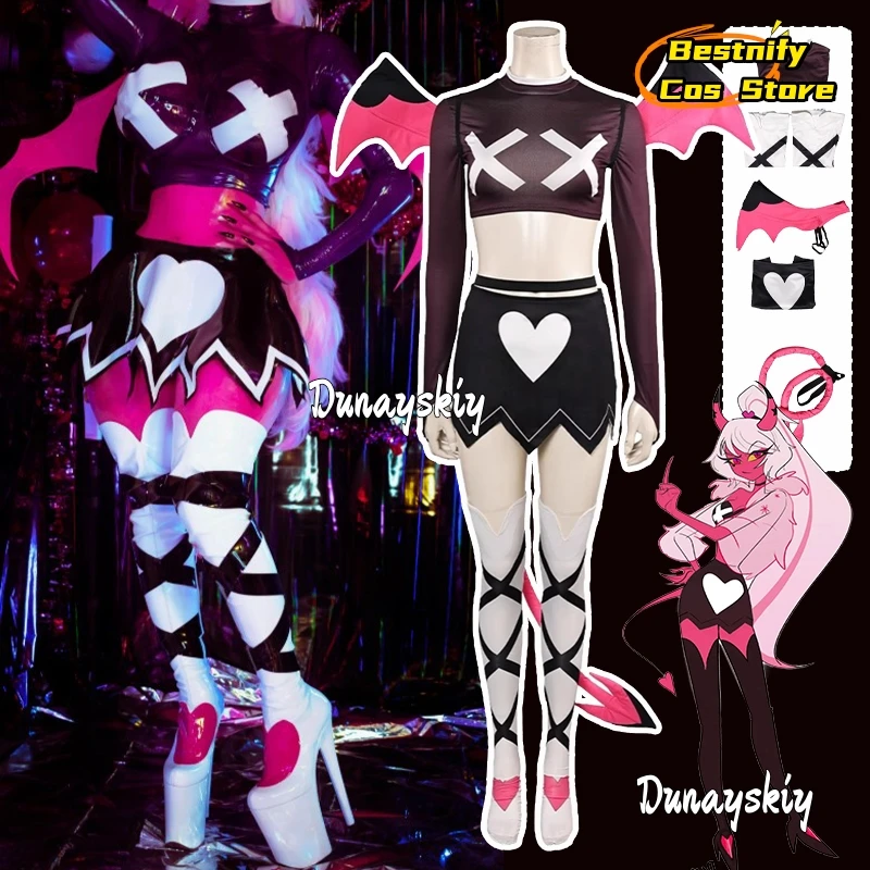 

Verosika Cosplay Helluva Fantasia Boss Costume 2Piece Set Elastic Crop Top+Skirt Uniform Anime Outfits Headwear Socks Prop Suits