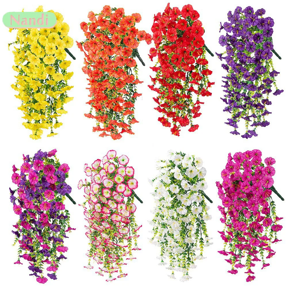 Artificial Hanging Flowers Plants Faux Morning Glory Long Vines UV Resistant Realistic for Home Garden Decoration