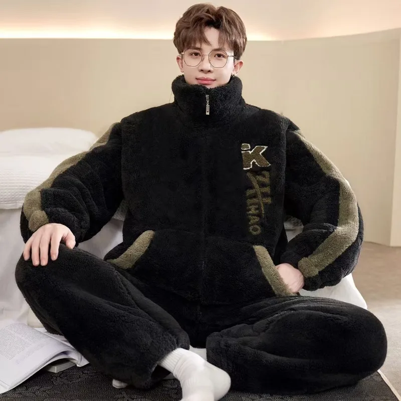 

Новинка 2026: Мужской фланелевый зимний пижамный комплект из кораллового флиса для молодежи, теплый домашний костюм, утепленный, больших размеров