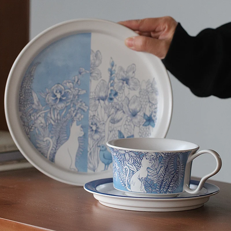 

8-дюймовая тарелка, керамическая чашка, блюдце, синий кот, цветок, птица, красивая художественная посуда, набор для питья, десертное блюдо для закусок, кофейная кружка