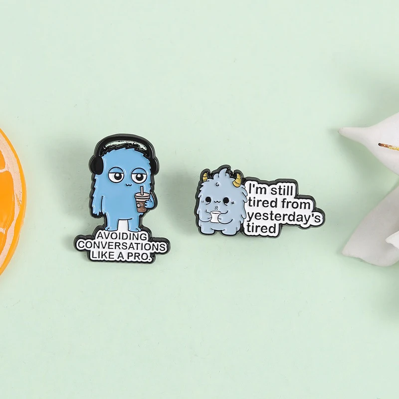 Avoiding Conversations Like A Pro Enamel Pins Funny Monster Brooches Tired Monster Lapel Badges Gift For Friends