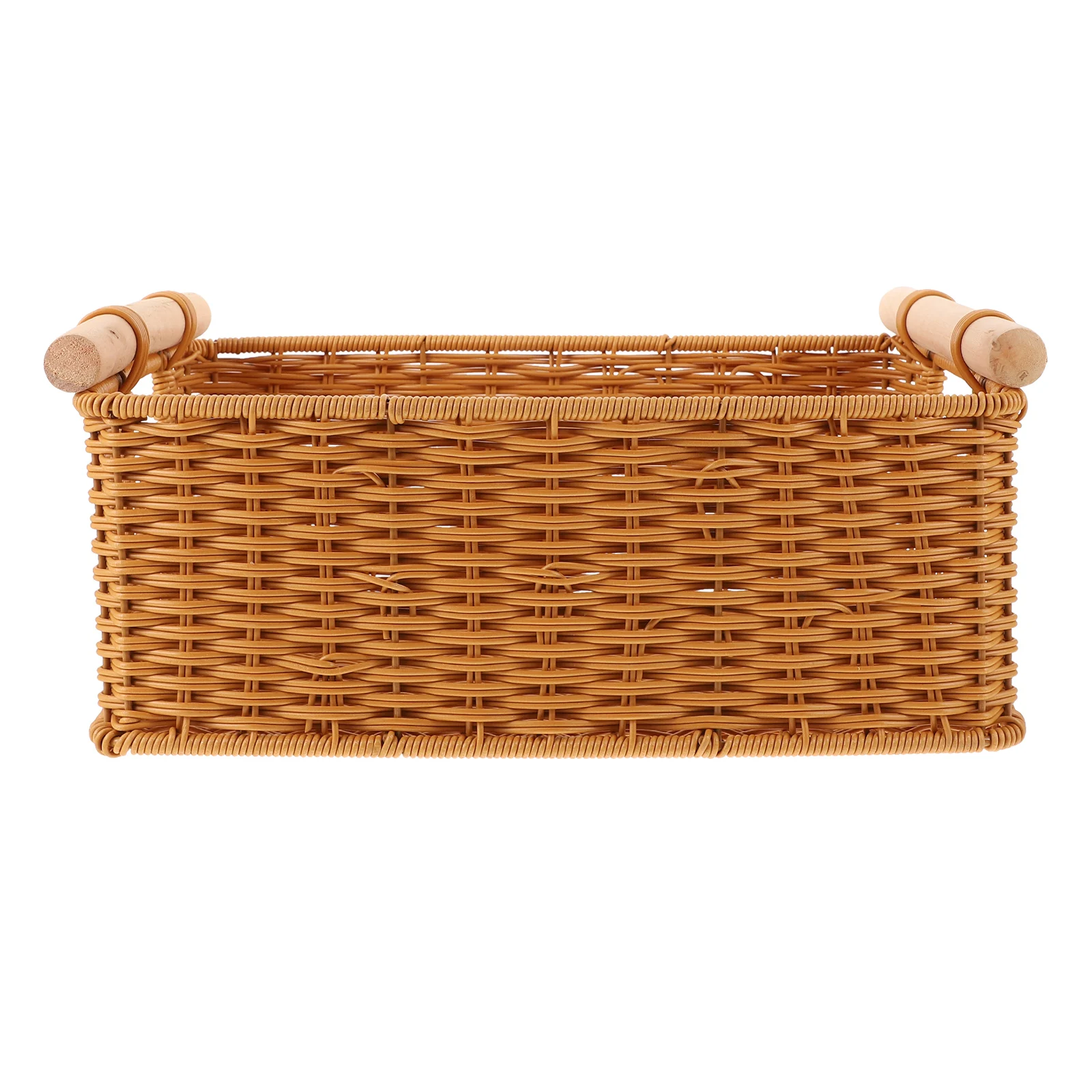 

1pc Retro Imitation Rattan Plastic Woven Storage Basket With Wooden Handle Home Organizer Bathroom Laundry Room Large