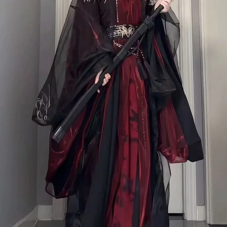 

Dark Halloween Hanfu Men Women Traditional Chinese Woven Clothing Black Red Embroidered Stage Outfits Wuxia Wei Cosplay Costume