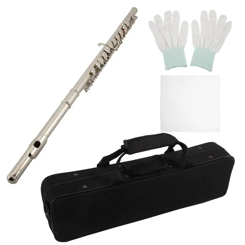 ABUE-16 Closed Open Holes C Key Professional Transverse Flute Concert Musical Instrument With Box Cleaning Cloth Stick Gloves