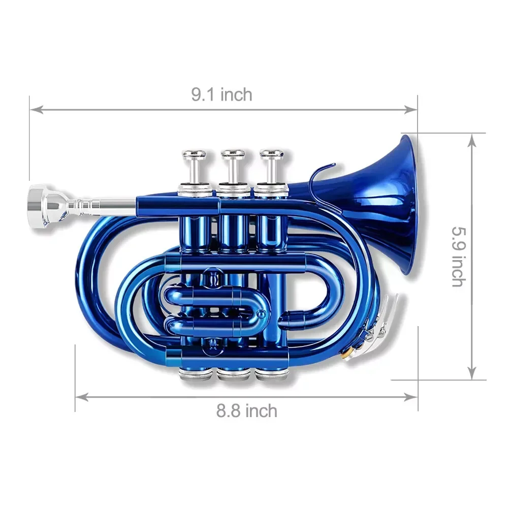 Yinfenteyinfente Blue Color Bb Brass Pocket Trumpet With Case Mouthpiece Cleaning Cloth Gift Kit Nice