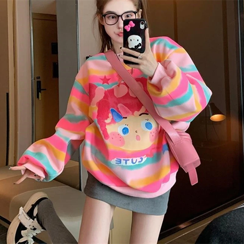 Pink Colors Striped Cute Cartoon Hoodie Sweatshirt for Girls Women Kawaii Y2K Top Korean Fashion Winter Long Sleeve Top Harajuku