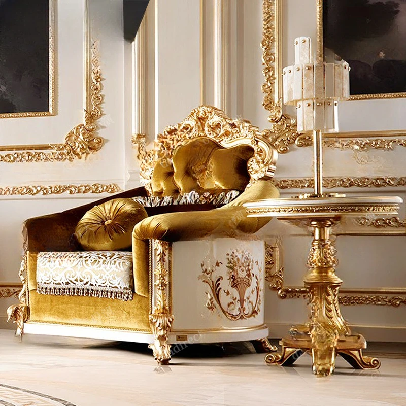 European style solid wood fabric sofa combination French style palace luxury villa living room gold foil sofa customization