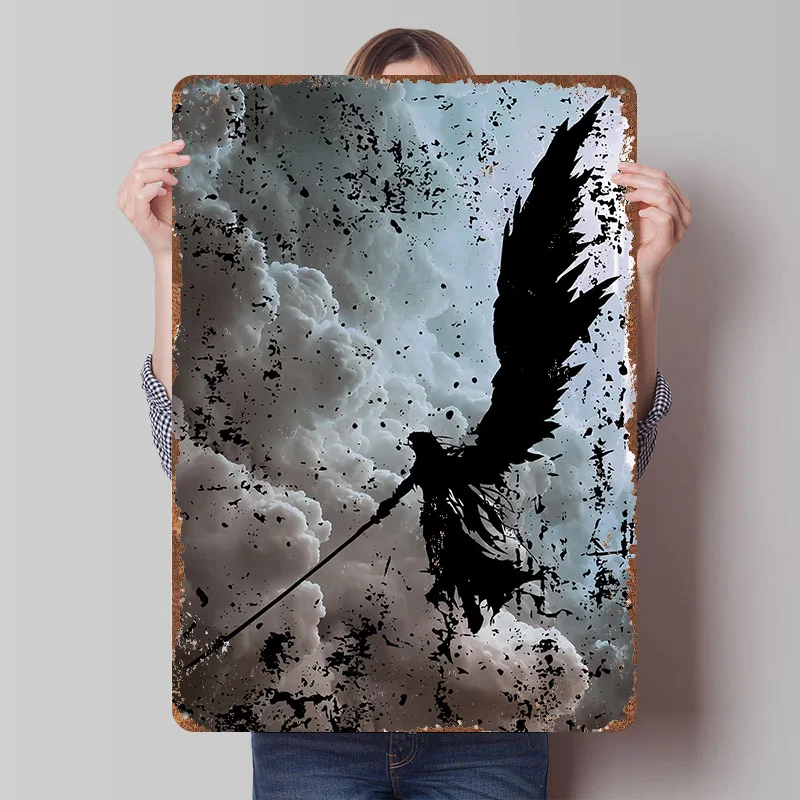 Engel-Silhouette mit Schwert Blechschild, Individuelles Wandkunst-Poster, Vintage Metallschilder, Retro Blechplakette für Männerhöhle-Dekoration und Zuhause