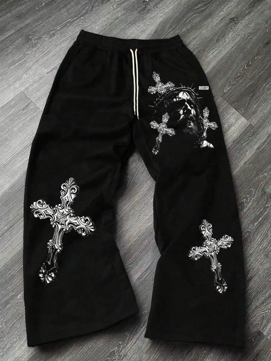 2026 Sommer Neuer Trend Herren Loose-Fit Schnelltrocknende Hose Schwarz Gothic Kreuz Jesus Print Hip-Hop Street Fashion Hose für den Alltag