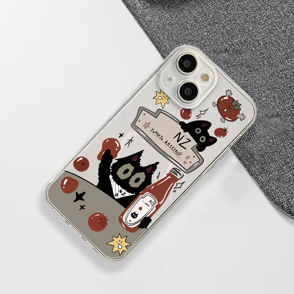 Cartoon tomato little black cat Phone Case For IPhone 15 14 13 12 11 Transparent Magnetic Suction Cover