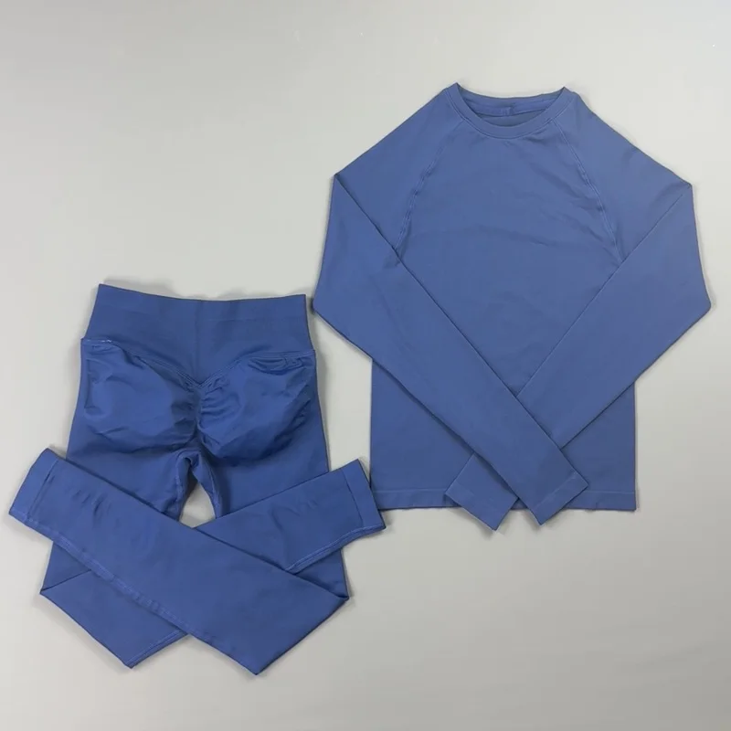 2-teiliges Gym-Set für Damen: Rundhals-Shirt mit Daumenlöchern, Langarm, Slim Crop Shirt, Scrunch Butt Leggings, Dehnbarer Weicher Yoga-Pilates-Anzug – Detail 8