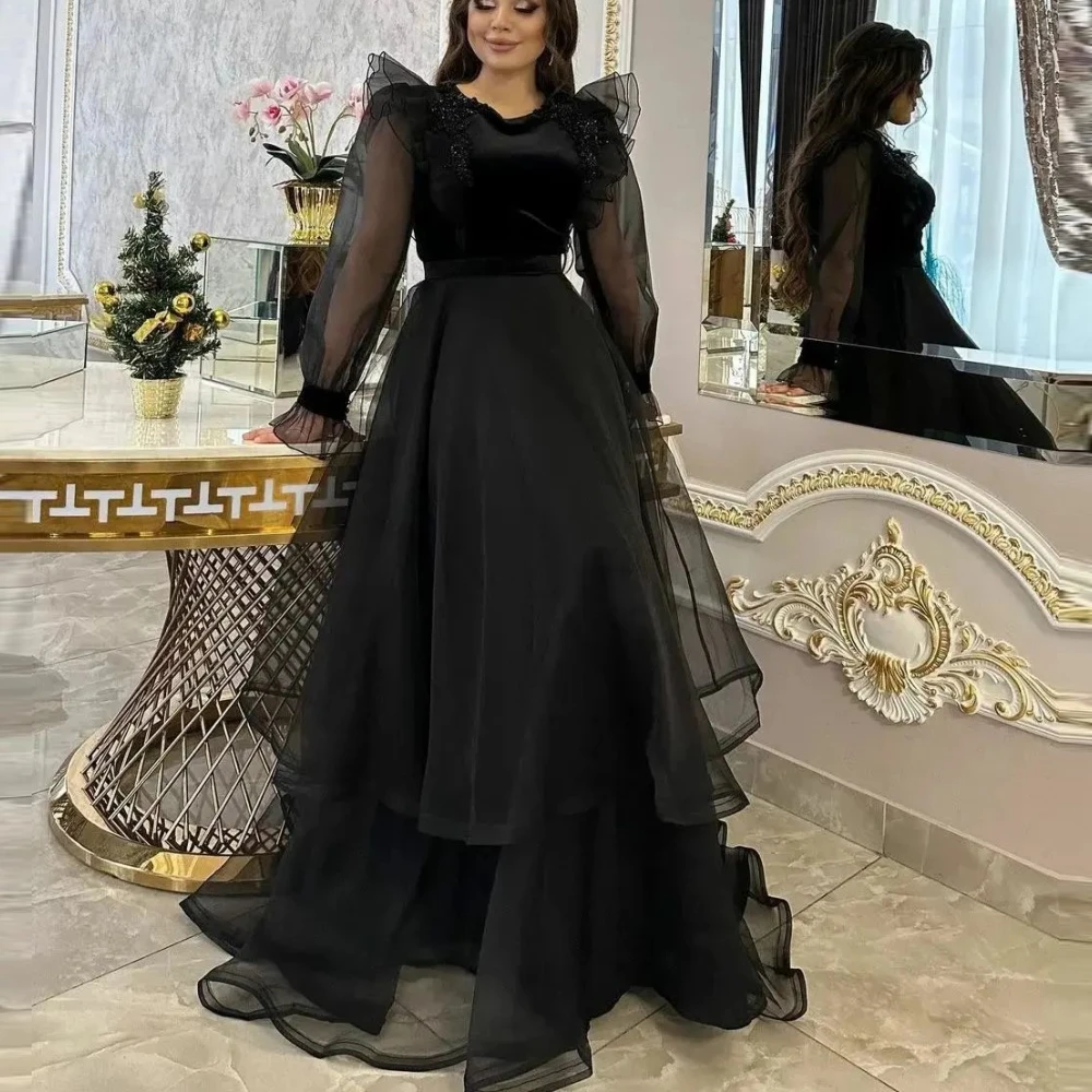 

Carolina O-Neck Black A-Line Evening Dresses Women Puffy Sleeves Backless Organza Wedding Guest Elegant Formal Party Gowns